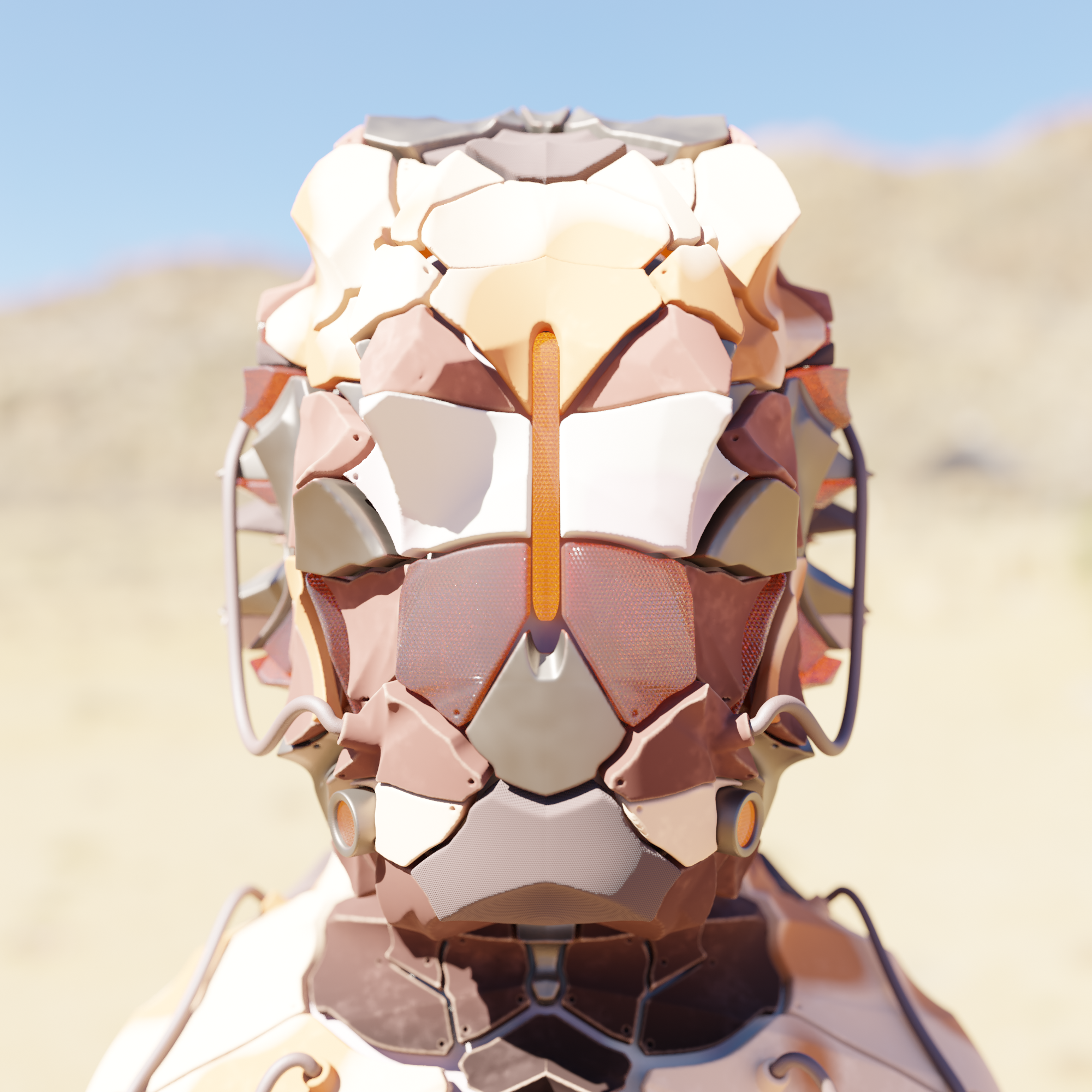 Metallic futuristic helmet colored in sandy colors with a desert background.